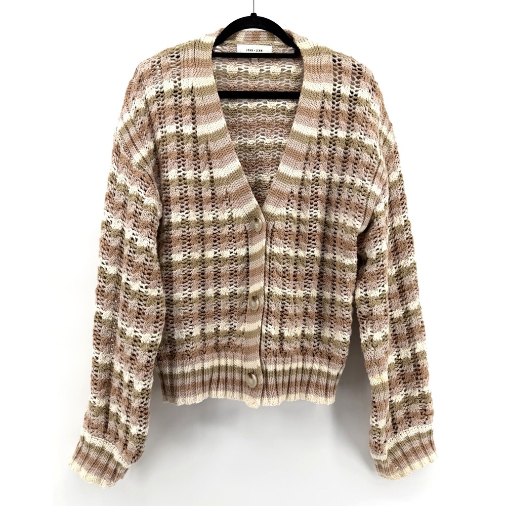 John + Jenn Sweater Julianna Cable Knit V Neck Button Stripe Cotton Cozy Women L